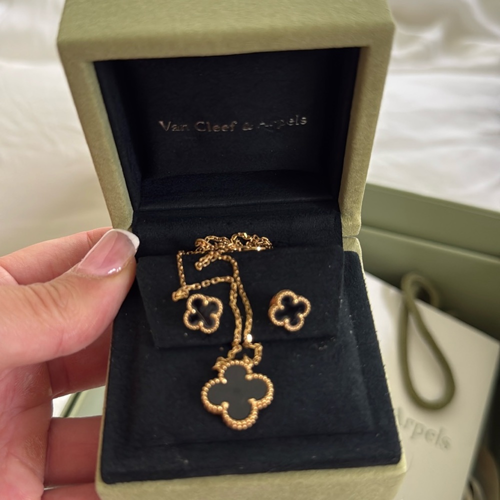 Van Cleef & Arpels Black and Gold Alhambra Necklace and stud earring set